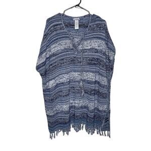 Tommy Bahama blue stripe knit pullover poncho sweater fringe hem Size L/XL